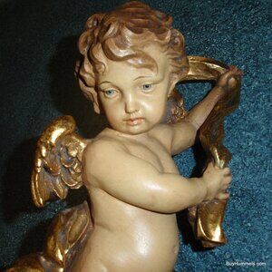 10" ANRI Wood Carving Golden Cherub Angel Wall Hanging Signed Bernardi #79023/1